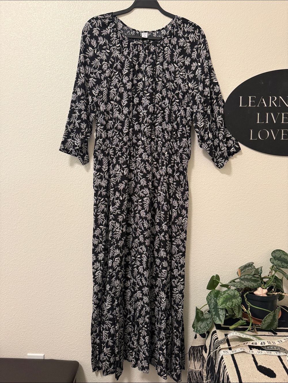 Old Navy Black Maxi Dress with White Leaf Print
